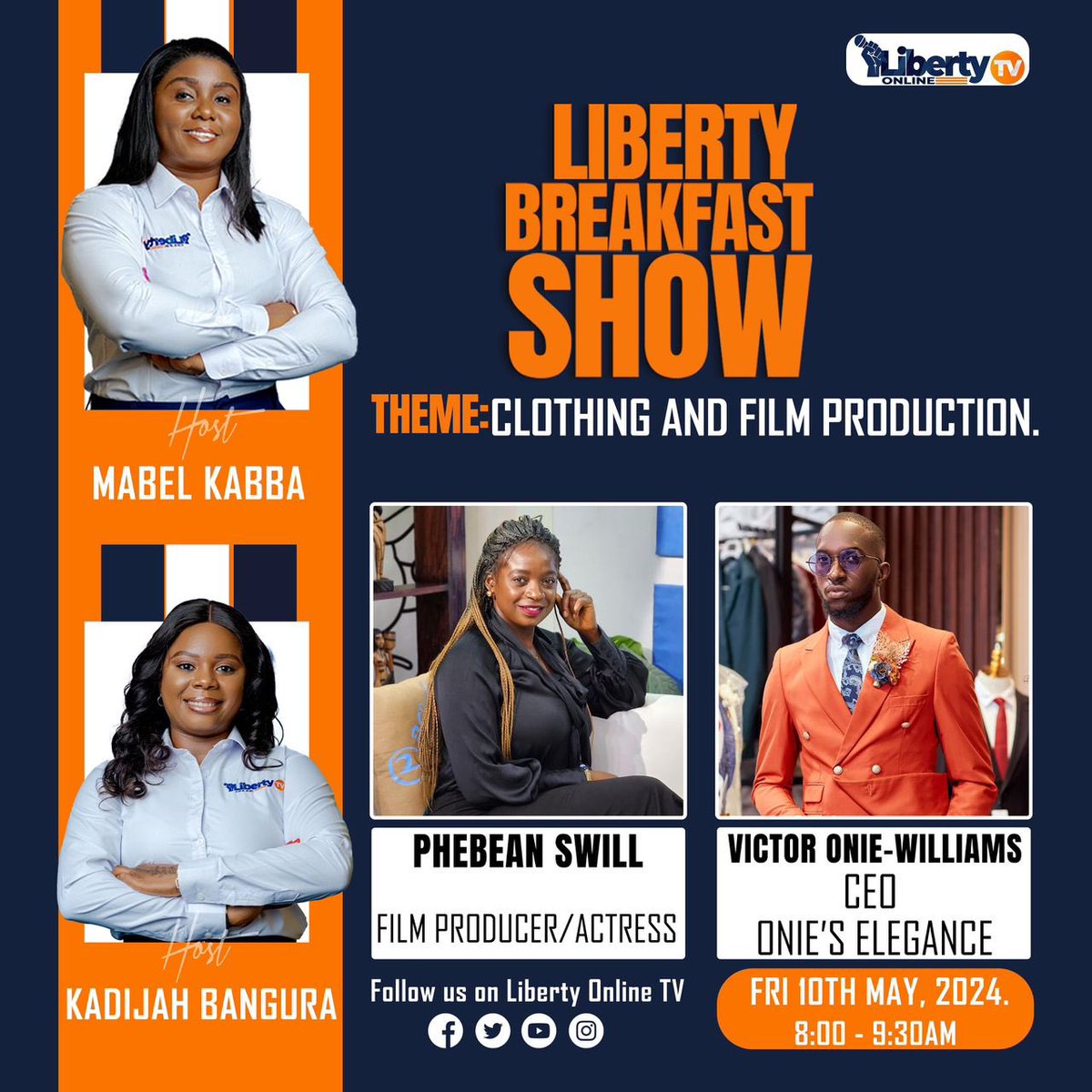 Don't miss tomorrow's episode of the Liberty Breakfast Show! We are thrilled to host two of Sierra Leone's leading figures in the fashion and film industry.

Be sure to join us from 8:00 a.m. to 9:30 a.m. as they delve into their inspiring journeys to success.

#SaloneX #SL
