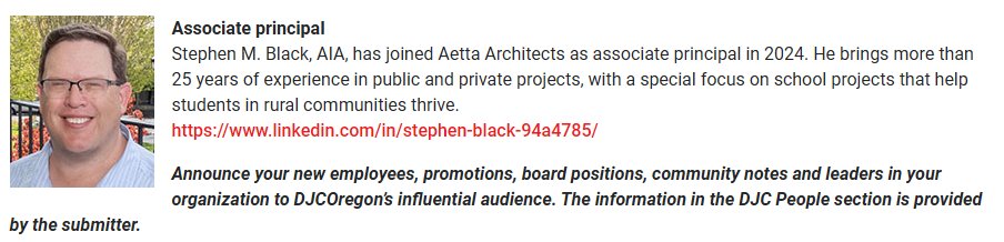 I’m happy to share that Stephen M. Black Architecture is merging with <a href="/AettaArchitects/">Aetta Architects</a> , and that I will be staying on with Aetta as an Associate Principal! #architecture #design #architect djcoregon.com/news/2024/05/0…