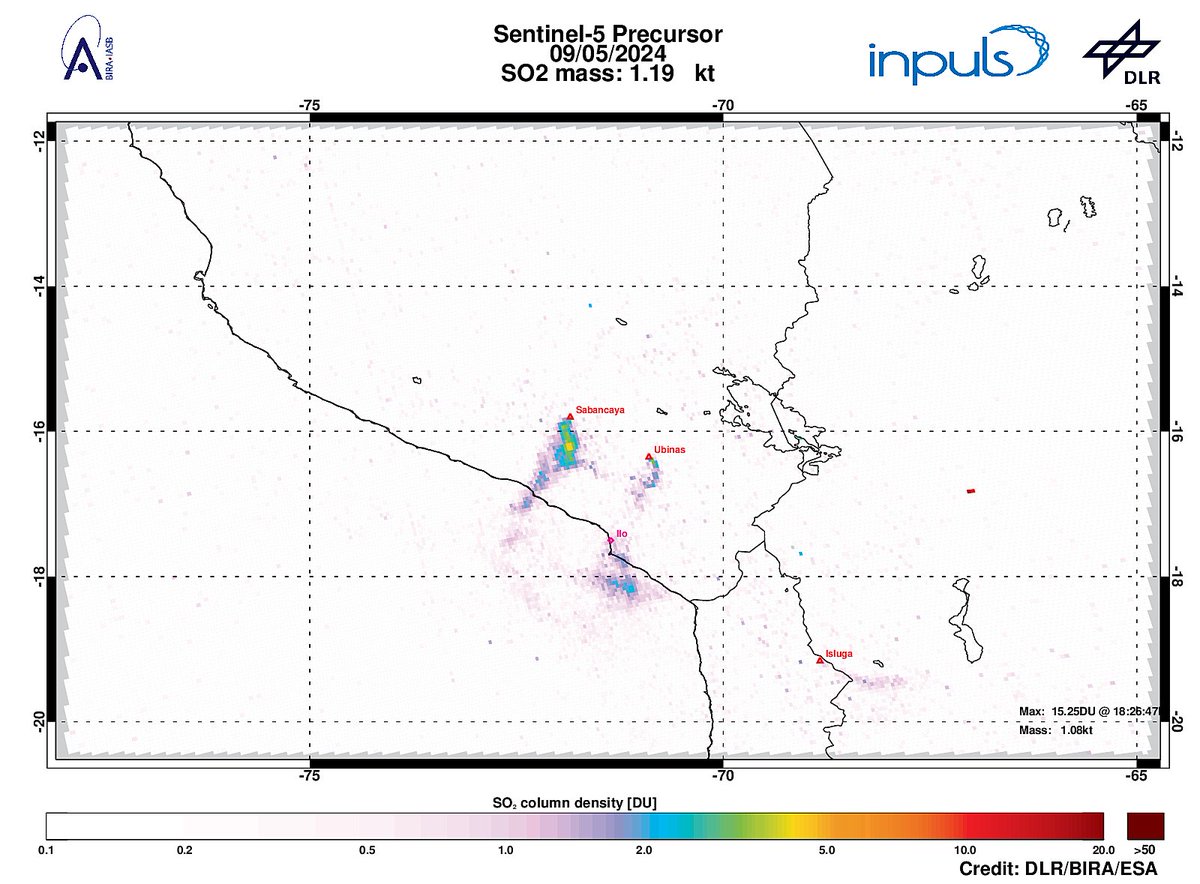 On 2024-05-09 #TROPOMI has detected an enhanced SO2 signal of 4.21DU at a distance of 49.8km to #Sabancaya. Other nearby sources: #Ubinas. #DLR_inpuls @tropomi #S5p #Sentinel5p @DLR_en @BIRA_IASB @ESA_EO #SO2LH