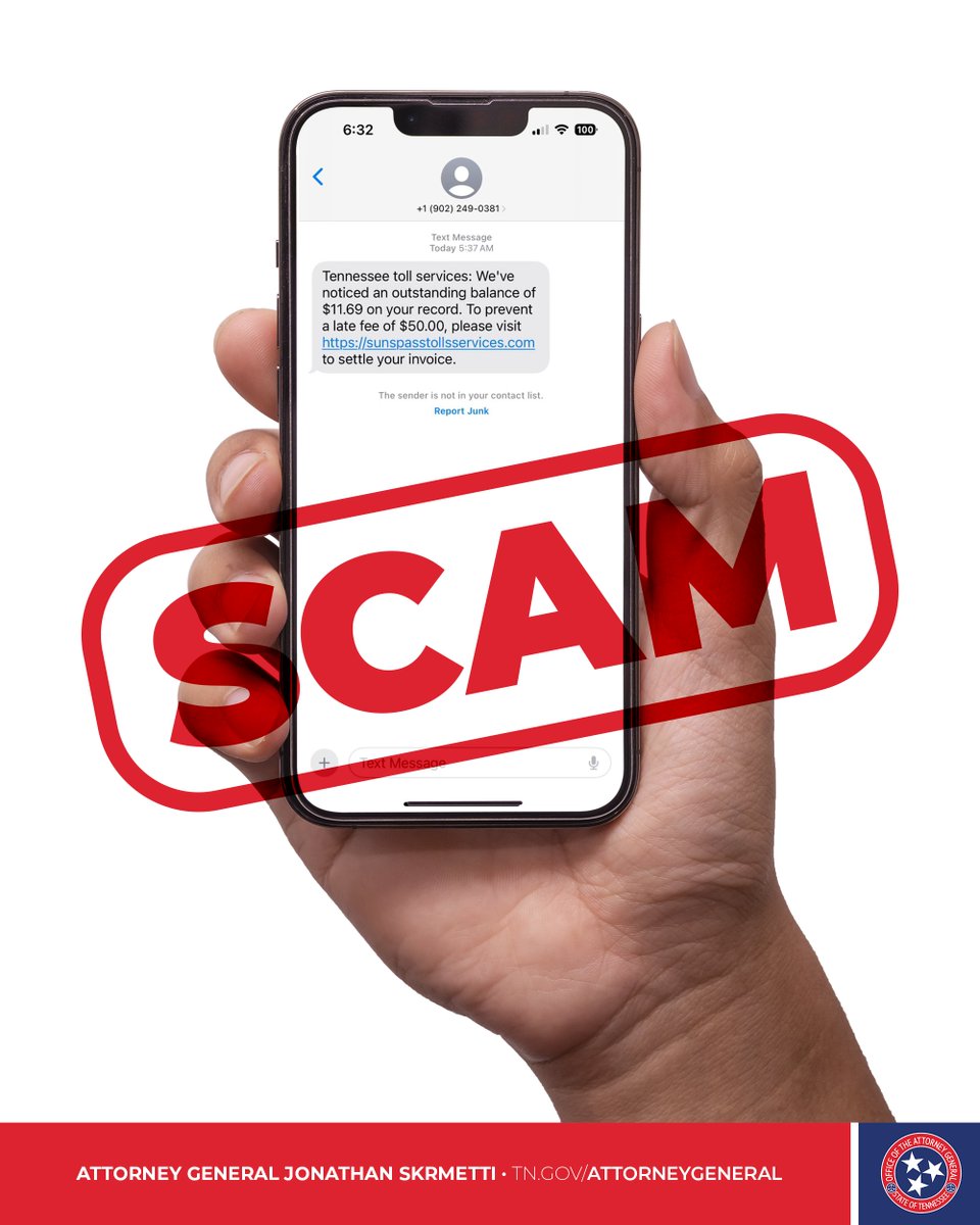 🚨SCAM ALERT Tennessee, if you have received a text concerning “outstanding balances for toll roads,” please delete the text and block the number. This is a scam tactic to retrieve your information. Learn more about this latest texting scam: consumer.ftc.gov/consumer-alert…