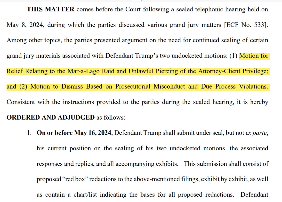 NEW: Judge Cannon preparing to unseal nonpublic defense motions filed by Trump related to Mar a Lago raid, DC Judge Beryl Howell order that pierced atty-client privilege in docs case, and a prosecutorial abuse motion. Keeps getting good...