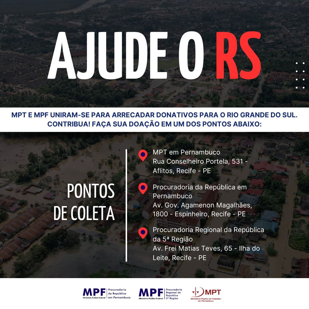 MPF_PRR5's tweet photo. Ajude o RS! No Recife, MPF e MPT tornam-se pontos de coleta de donativos. As doações entregues nas deses desses órgãos serão levadas ao aeroporto da cidade, de onde a Força Aérea Brasileira (FAB) fará o transporte rápido e seguro até o destino final. [1/3]
⬇️ https://t.co/1ryY11Tlgy