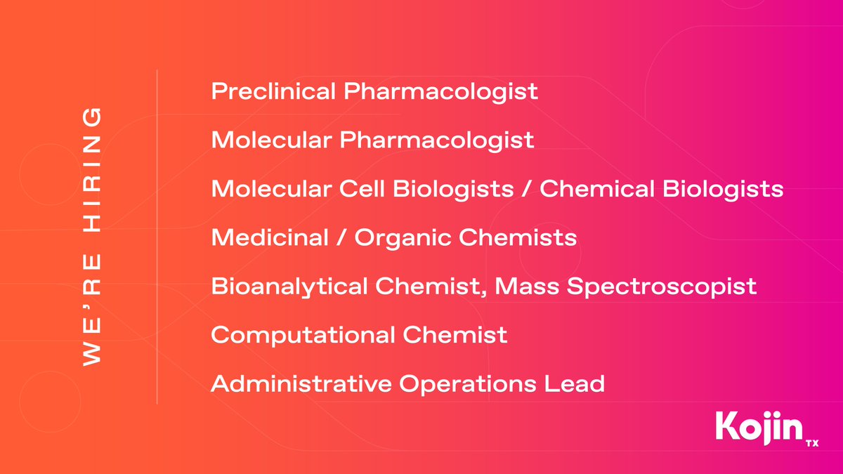 At Kojin Therapeutics, we are dedicated to building a #collaborative team and allowing them to flourish in an energetic environment. We know that groundbreaking science takes cohesive teamwork. Come join us. kojintx.com/join-us/ #Hiring #drugdiscovery #biotechnology