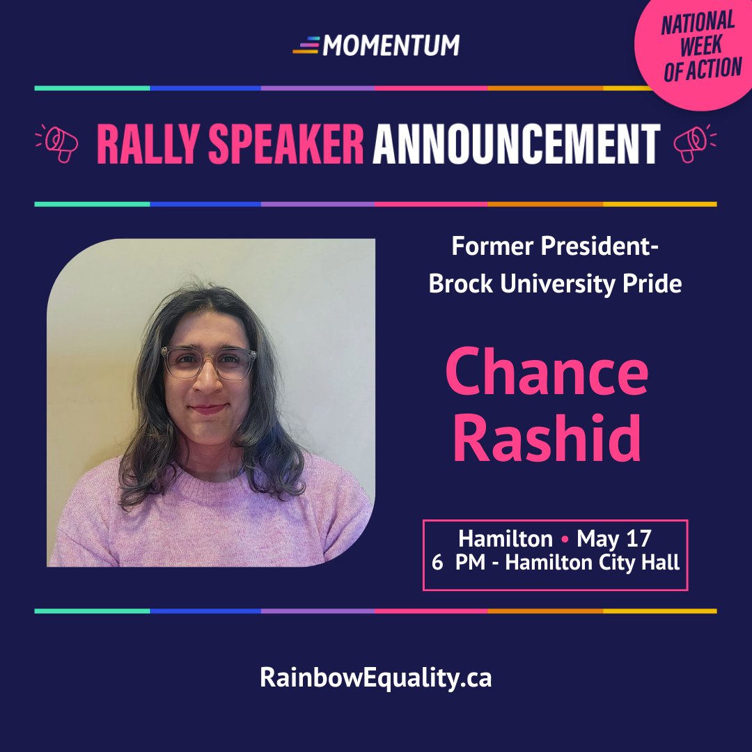 Here are the first four confirmed speakers for the May 17th @QueerMomentum March/Rally in @CityofHamilton: @SarahJama_ [she/her], MPP of Hamilton Centre, Caitlin Craven [she/her], Executive Director of the @HCCI1, Cedar Hopperton [she/her], Chair of the Barton Prison…