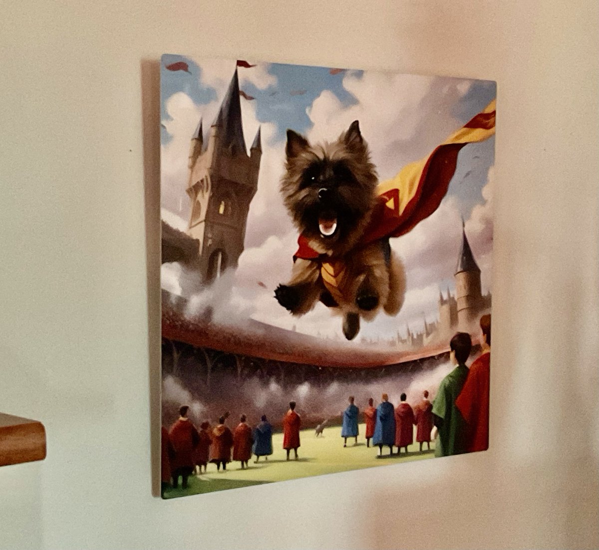 'I am a huge Harry Potter fan and when I saw this of Fiona, I thought she WOULD have been a Gryffindor!  She was brave and true.  Hanging in my office, this makes me smile several times a day!' 

- Katrina (happy PugMug customer)

#pugmugai #harrypotterdog #dogmemorial