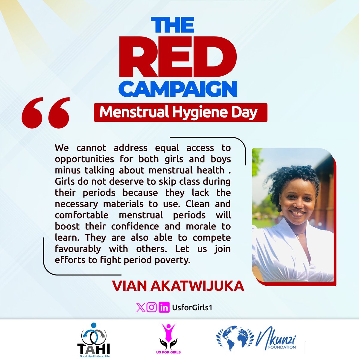 #RedCampaign

We cant achieve gender equality if we continue to neglect menstrual health issues & have girls drop out of school. @AkatwijukaVian urges us all to join efforts in fighting period poverty so girls can favorably compete, boost confidence and morale
#EndPeriodPoverty