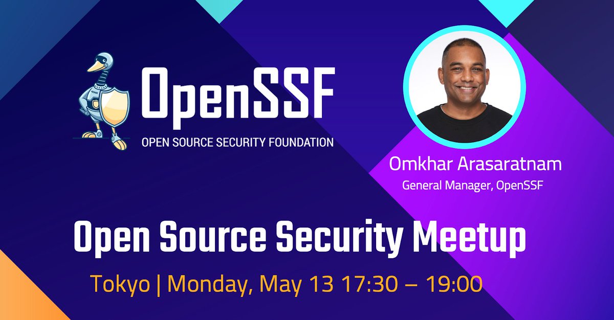 📅 Counting down to the #OSSSecurity Meetup! Join us on May 13 at Cybertrust Japan in Roppongi, Tokyo, to learn about how OpenSSF's projects have been contributing to cybersecurity. Take a sneak peek at our agenda and register now! openssf.org/blog/2024/04/2…