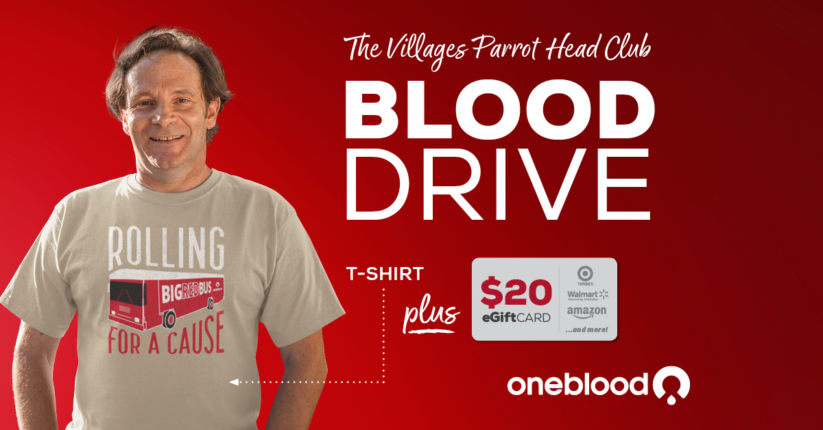 [𝗠𝗮𝘆 𝟭𝟬-𝟭𝟭] The Villages Parrot Club is hosting a blood drive! All donors will receive a free $20 eGift Card and a OneBlood T-shirt. Donors will also get a free wellness checkup with their donation! Schedule your appointment ahead of time: givelife.io/7lab