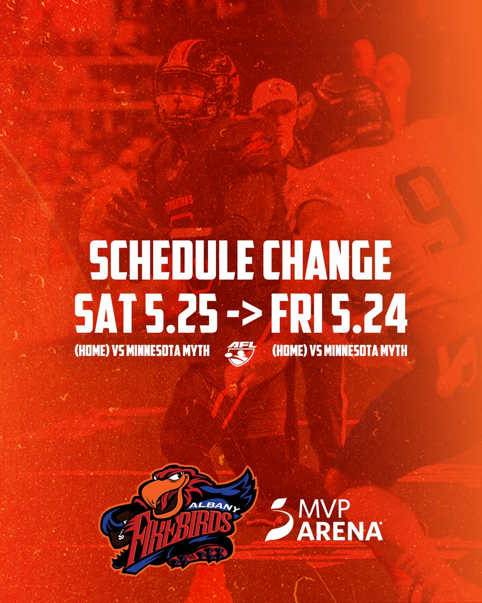 🚨SCHEDULE CHANGE🚨 The @FirebirdsAFL game originally scheduled for Saturday, May 25 has been moved to Friday, May 24 at 7pm. If necessary, @AlbFireWolves Game 3 of the NLL Finals will be played on Saturday, May 25 at 5pm and will be broadcast live on ESPN2