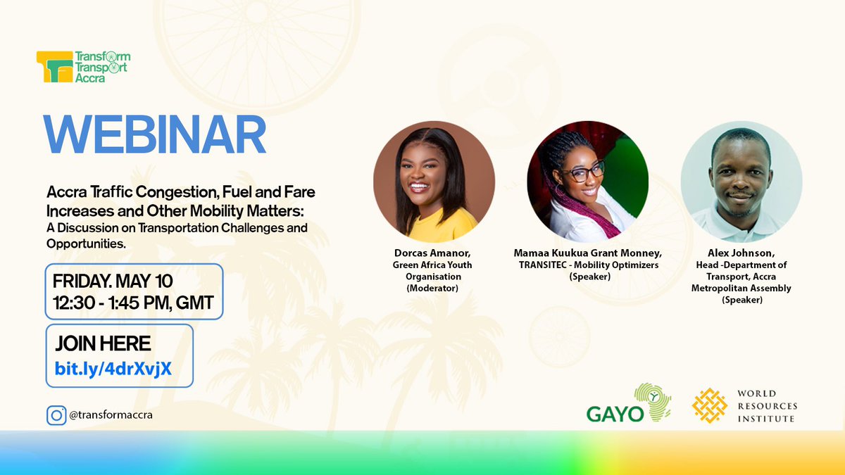 Coming up is an insightful webinar series focused on #transportation challenges and opportunities in Accra! 🇬🇭 Join us as we explore #cleanmobility solutions, & advocate for a more #sustainable and efficient transport system. Register👉 bit.ly/4drXvjX #TransformAccra
