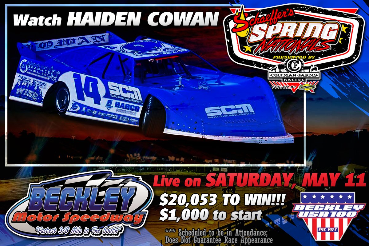 Watch Haiden Cowan vie for the $20,053 top prize with the @SchaefferOil #SpringNationals in the annual Beckley USA 100 on Saturday, May 11 at Beckley Motor Speedway! If you are unable to make the trip to Mount Hope, West Virginia, watch every lap LIVE on @FloRacing. 🏁