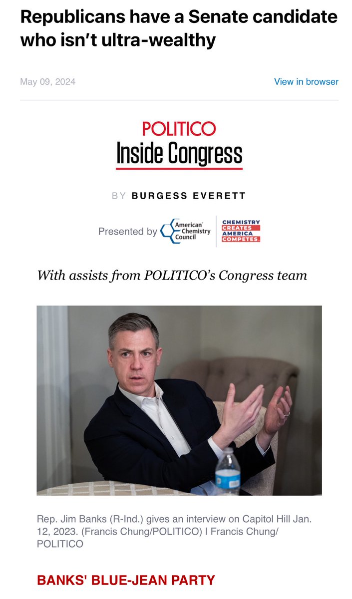 “‘I don't know that it makes me any different or special,’” @RepJimBanks said. “‘If that is unique in the Senate, that's unfortunate. Because it's the background of where most ‘normal people’ are coming from these days.’” Why are you making him more popular, POLITICO? 😂 #INSen