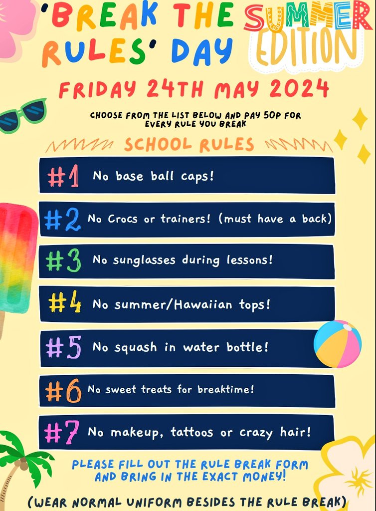 PTFA Announcement 📢 Break the rule day is back! 😀 

***Friday 24th May 2024***

Please see the poster for rules. Please fill out the rule break form
& bring in the exact money!
Please wear normal uniform besides the rule break.

#tewkesburyprimaryPTFA #TewkesburyCofEPrimary