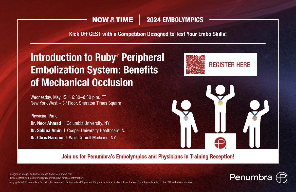 Want to learn more embolization tips & techniques using #RubyCoil? Join our Fellows Reception next week for the Embolympics and a physician panel with Drs. Noor Ahmad, Sabina Amin, and Chris Harnain! #GEST2024 #NOWISTHETIME