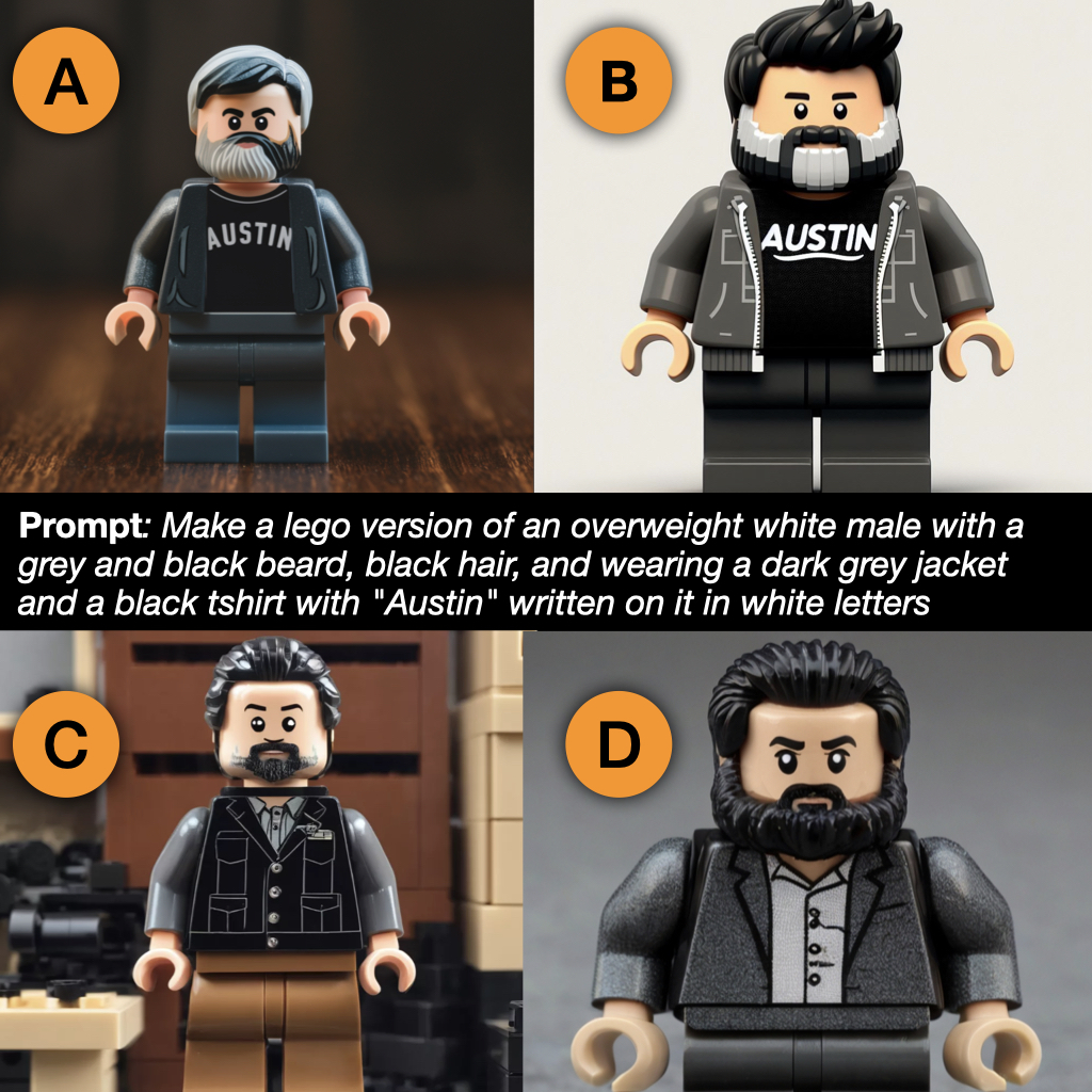 Just completed my first #PromptBattle (yes I just made that up) between 4 different AI image generators to see who could make the best lego version of me. All using the same prompt. Which did best? VOTE NOW! Will reveal the platforms tomorrow.