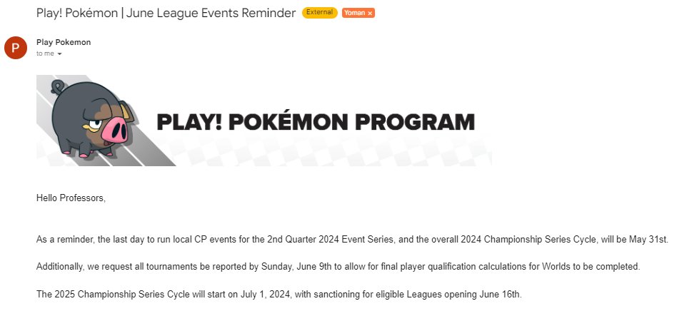 To no one's surprise the Pokemon 2024-2025 season starts on July 1st - wonder when we will know CP requirements, changes or structural adjustments. Let's hope we know at beginning of the season for all the details, regionals, BFLs so folks can plan it's entirety! #PlayPokemon
