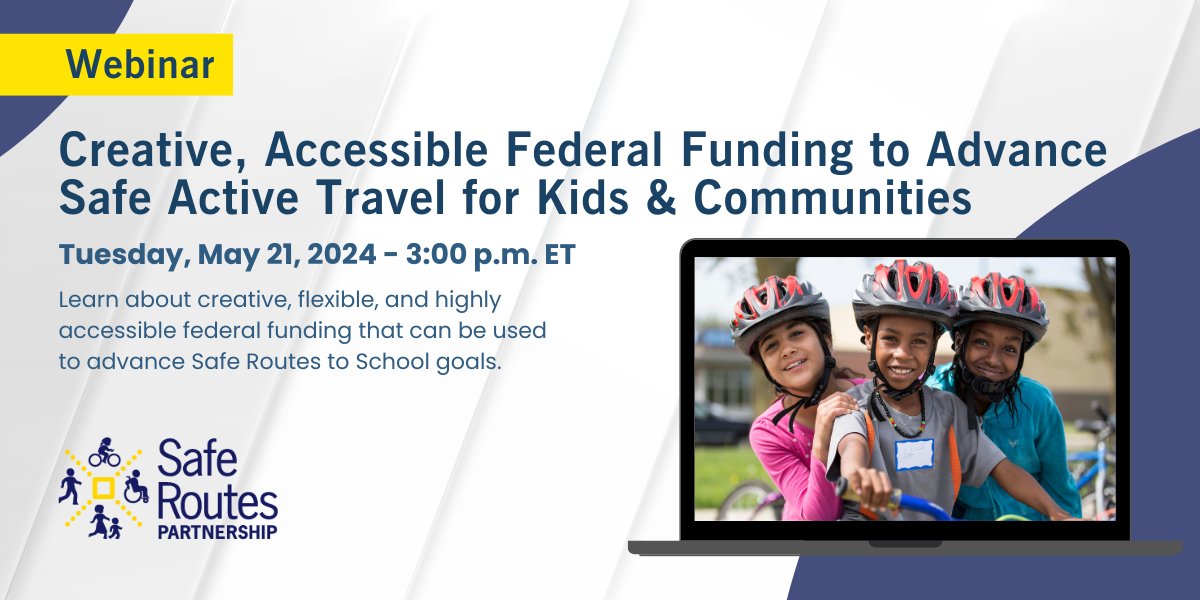 Join us on May 21, 2024, at 3 p.m. ET for a how-to on making sure youth mobility & #SafeRoutes to School initiatives are incorporated into federal #funding for safety action planning. Learn how SS4A can fund engagement, encouragement, & education programs. ow.ly/Bkqf50RwgQe