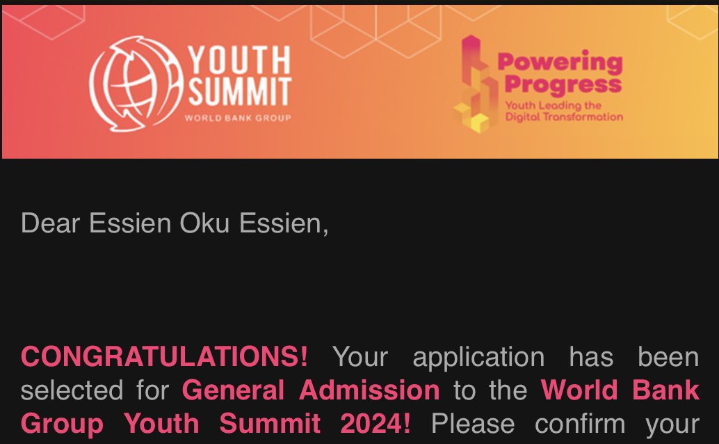 It feels surreal to share that I have been selected as a delegate to the 2024 World Bank Group Youth Summit at the @WorldBank Headquarters, NW - Washington DC .

#WBGYS
#DigitalTransformations