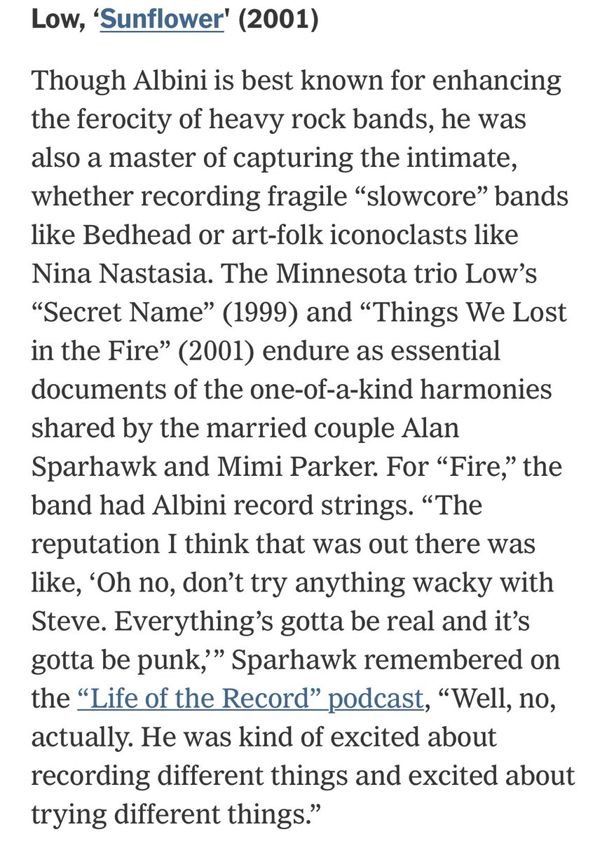 Nice to see our @lowtheband episode featured in this @nytimes Albini retrospective. TWLITF is such a beautiful sounding record. nytimes.com/2024/05/08/art…