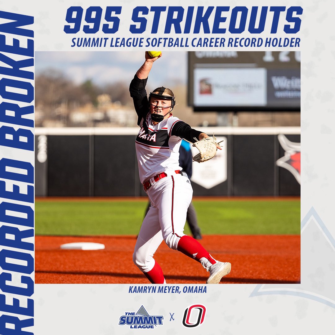 𝐑𝐄𝐂𝐎𝐑𝐃 𝐁𝐑𝐎𝐊𝐄𝐍‼️

Omaha’s Kamryn Meyer stands alone as the Summit League’s career strikeout leader with 995 strikeouts! 

#ReachTheSummit x <a href="/NCAASoftball/">NCAA Softball</a>