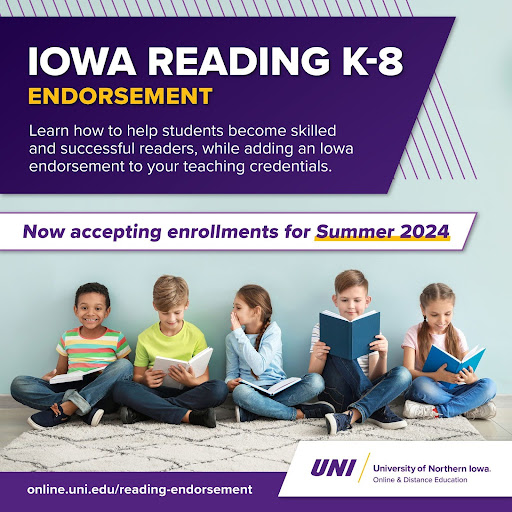 Hey teachers – still time! Start earning your Iowa K-8 Reading Endorsement Monday, entirely online! The 15-credit curriculum gives hands-on applications and expands your knowledge and skills for evaluating, designing, and implementing reading instruction.bit.ly/K-8Reading