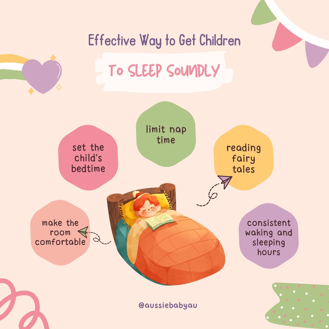 Looking for ways to help your child sleep better? Set a bedtime, cosy up their room, limit naps, and enjoy a fairy tale together. Sweet dreams made easy! 🌜📚💤 #sleepwell #parentingtips #bedtimeroutine #aussiebabyau