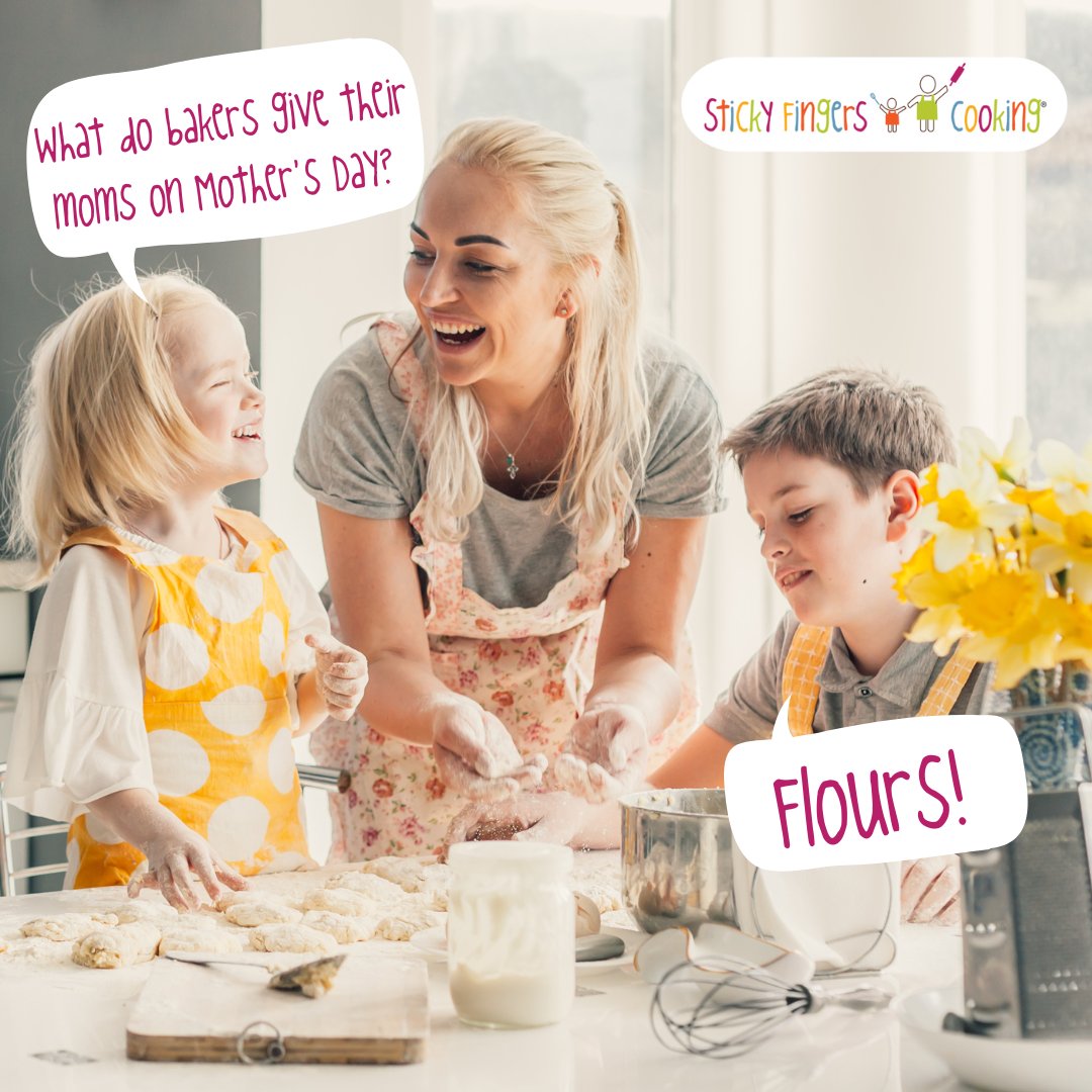 Happy Mother's Day on Sunday!

What do bakers give their moms on Mother's Day? 
Flours! 😀😆

#StickyFingersCooking #KidsCook #KidsCooking #KidsCookingClass #Kids #KidChef #KidChefs #Joke #Pun #KidsPun #KidJoke #KidsJokes #FoodJoke #FoodPun #Mom #MothersDay #Flour #Baking