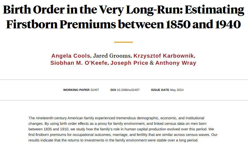 Firstborn occupational and social premiums measured 1850–1940 were stable for individuals born 1835–1910. Birth order further mediated intergenerational occupational mobility, from Cools, Grooms, @chriskarbownik, @smokeefe_, @joepricebyu, and @AnthonySWray nber.org/papers/w32407