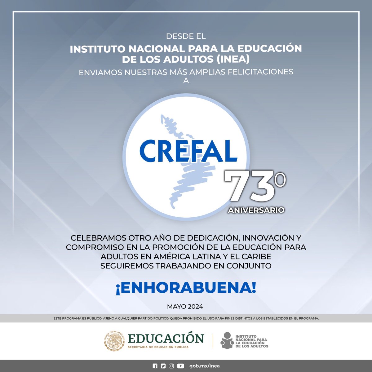🎉 Hoy celebramos el 73° aniversario del @CREFAL_Oficial, un referente en la cooperación regional para la educación de adultos en América Latina y El Caribe. ¡Felicitaciones por su invaluable labor en la formación y el desarrollo educativo de nuestra región! 📘🌎