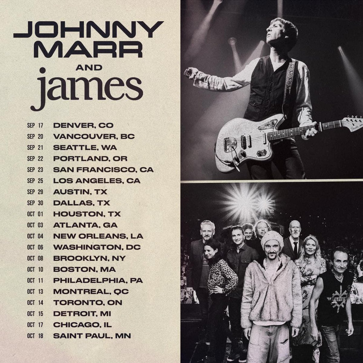 This fall, @johnny_marr and @wearejames are hitting the road on the North America Spirit Power Fall Tour 🙌 You can find tickets tomorrow here 🎟️ go.axs.com/jcrx50RAOA8
