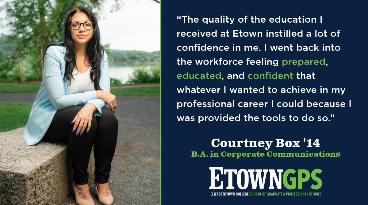 The invaluable skills gained by completing her education through #EtownGPS have helped alumna Courtney Box '14 thrive in her career as the Director of Association Services at the Pennsylvania Association of Realtors. Learn how you can go further, faster: bit.ly/3rFv3Yp.