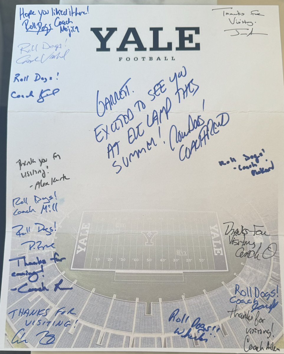 Thank you to the @yalefootball staff for an amazing visit and letter! Can’t wait to be back to compete at camp June 28th! @RecruitYaleFB @CoachRenoYale @StevenVashel @coachjjanderson @AlexKurtzYale @coach_smcgowan @maknight3 @BamPerformance @CoachQCPProud @_CoachSanchez…