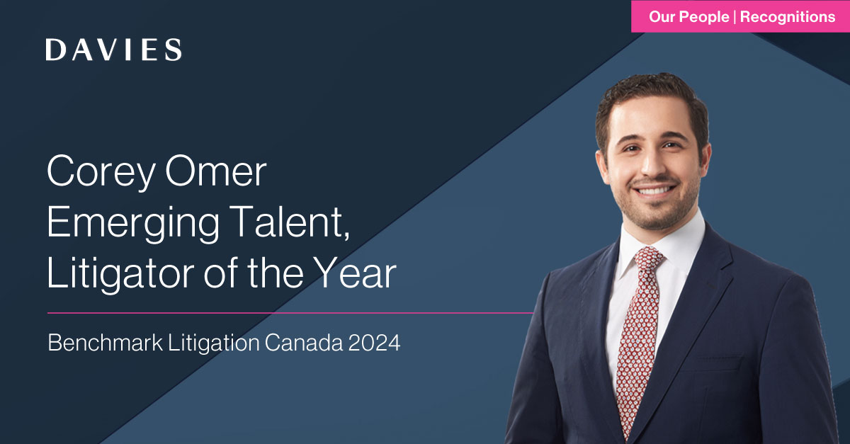 We are proud to announce that Corey Omer has been awarded Emerging Talent, Litigator of the Year by <a href="/BenchLitigation/">Benchmark Litigation</a> Canada: dwpv.com/en/Insights#/a… 

#DisputeResolution #Litigation