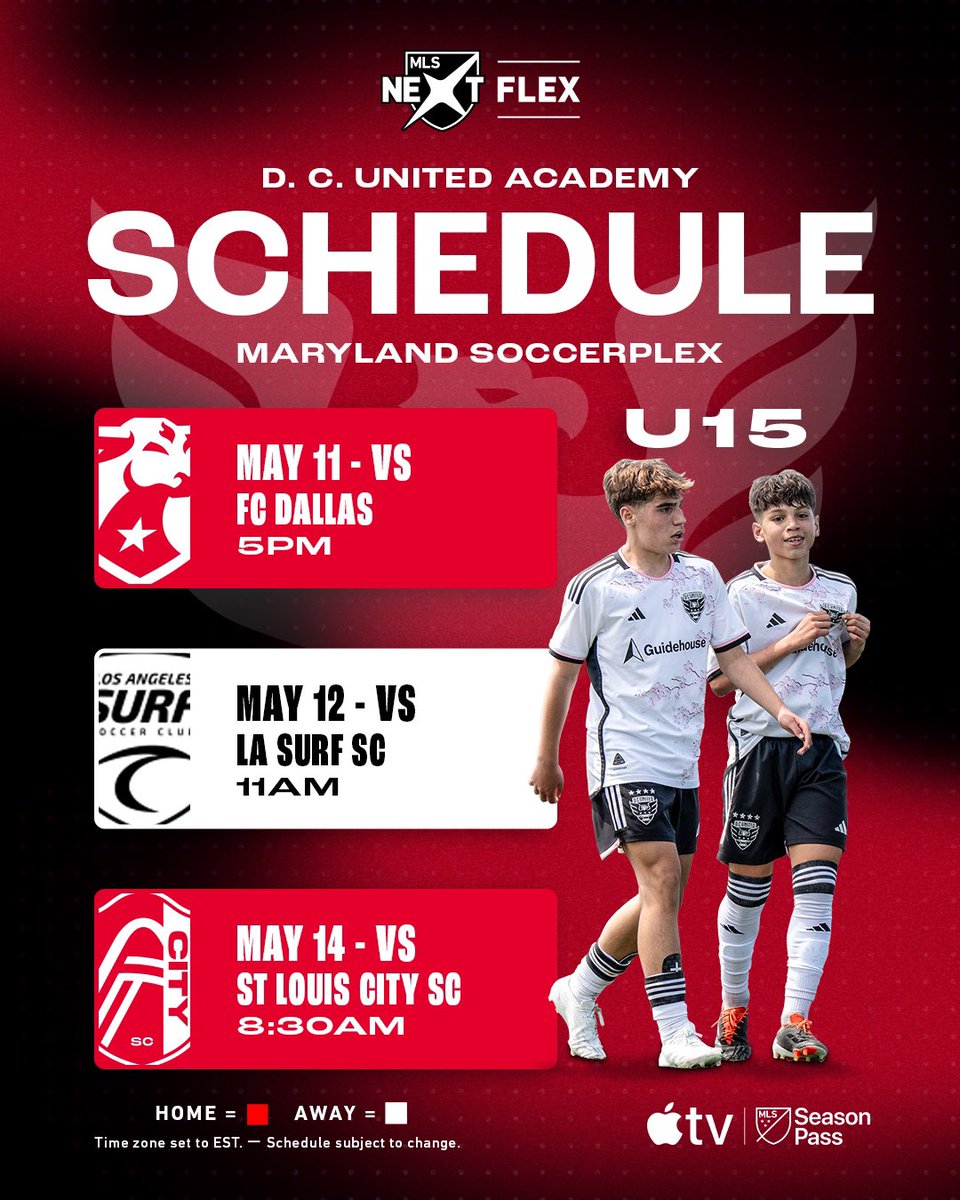 MLS NEXT FLEX SCHEDULE 🦅 Come support our U17 & U15 boys this weekend at Germantown, MD 📍 #DCUYouth