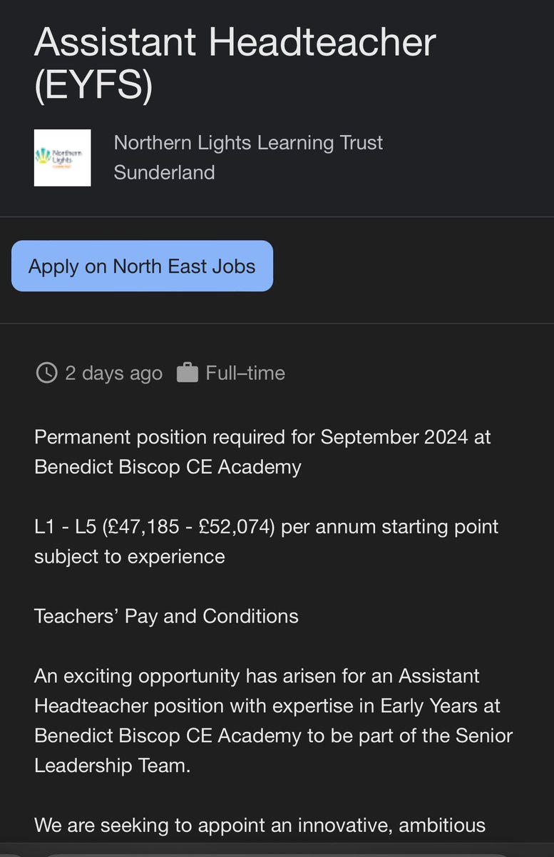 Are you looking for a new opportunity? One of our Northern Lights’ schools in Sunderland is looking for an Assistant Head with Early Years expertise. A fantastic opportunity to be part of a Trust that really values Early Years and offers fantastic EYs PD and collaboration 🙌