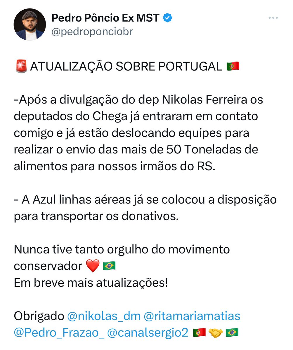 Excelente! Muito obrigado a todos que colaboraram em Portugal para trazer toneladas de doações para o RS 👍🏻🙏🏻 @pedroponciobr @ritamariamatias @NoticiasTavares @Pedro_Frazao_