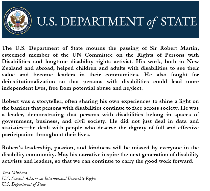 #SpecialAdvisorDisability Minkara on the passing of Sir Robert Martin, longtime disability activist in New Zealand and member of the UN Committee on the Rights of Persons with Disabilities. #NothingWithoutUs