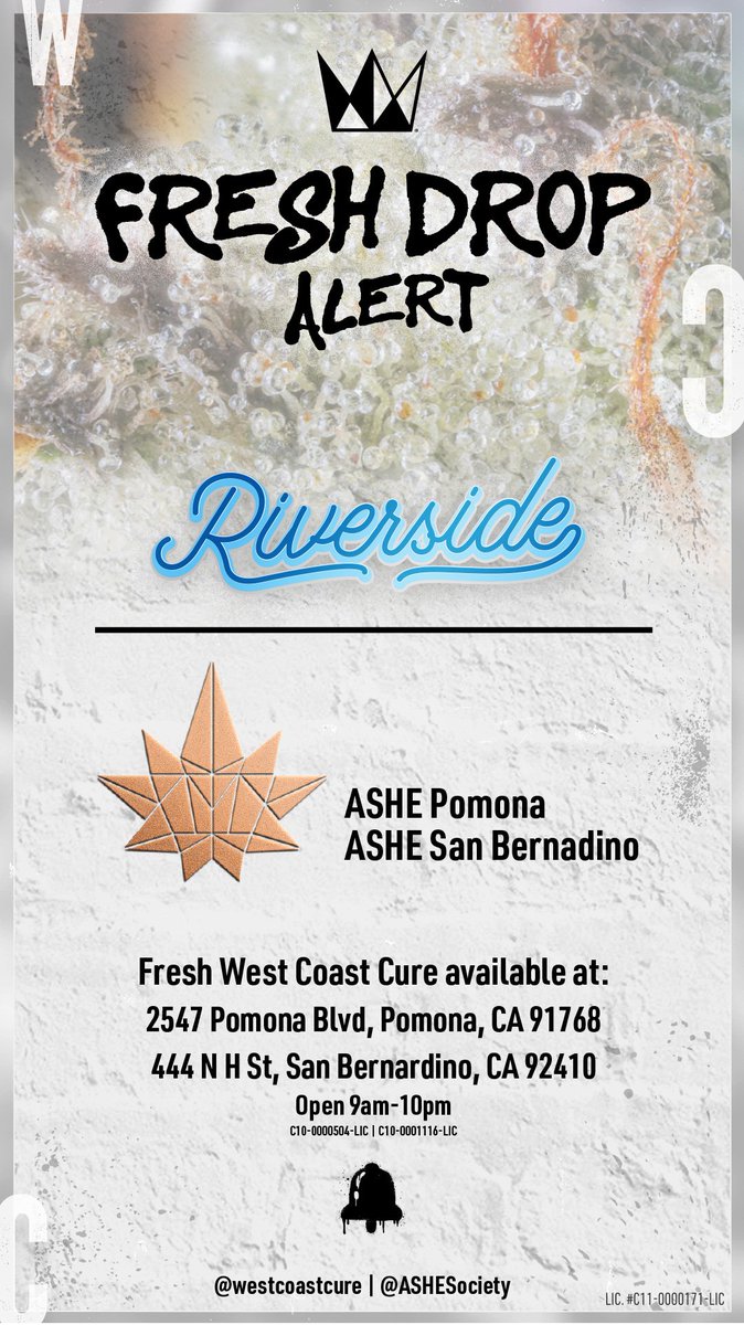 WestCoastCure's tweet image. #WCC #FreshDrop @ASHESociety

See what was dropped at 
Pomona: hubs.li/Q02wJHT10 
and 
San Bernardino:  hubs.li/Q02wJwN20