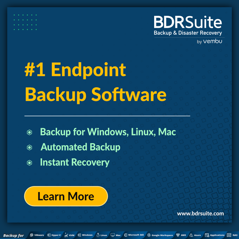 BDRSuite offers File and folder-level backups of #Windows & #Mac endpoints with end-to-end encryption. Get your FREE trial now! zurl.co/bRc1 #DataBackup #Dataprotection #DisasterRecovery #endpoints #Backupsolutions