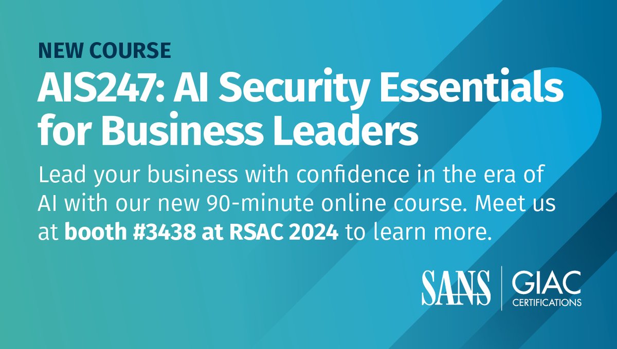 🔄 Business leaders, are you keeping up with AI? Visit SANS Booth #3438 at RSA Conference to learn about AI integration. 🎟️ Last chance to win a FREE #AIS247 course seat! Learn more here → sans.org/u/1vAl @RSAConference | #Cybersecurity #RSAC