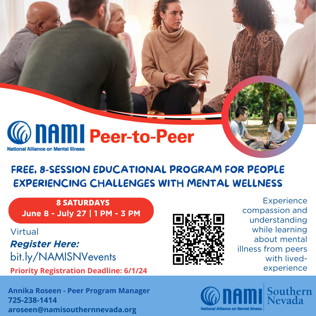 #RegisterNow! Our next NAMI Peer-to-Peer Class will be held weekly on Saturdays starting June 8th, 2024 and ending on July 27th, 2024 from 1-3pm PST.
Priority deadline to register is 6/1/24
eventbrite.com/e/nami-peer-to…
#mentalhealthsupport #peersupport #vegasstrong #mentalhealthmonth