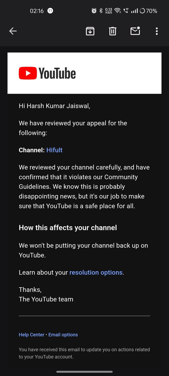 Harshjaiswal98's tweet photo. Hey @YouTubeIndia, received mail for violating community guidelines as my videos are not appropriate. But here is the problem, firstly I do not upload a single video only for the purpose of viewing content. On appeal for unblocking, I received this. https://t.co/jHqnz1Ivvs