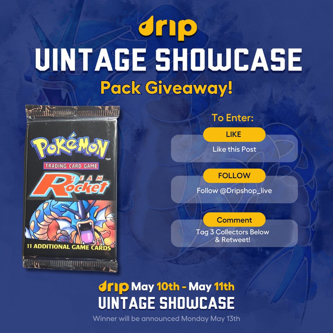 We're giving away a Pokemon Team Rocket Unlimited Booster Pack❗Earn your entries below 👇 #Pokemon #TCG

To Enter:
💧 - Like this Post
💧 - Follow @Dripshop_live
💧 - Tag 3 friends & RT

RSVP: bit.ly/4a9yszs