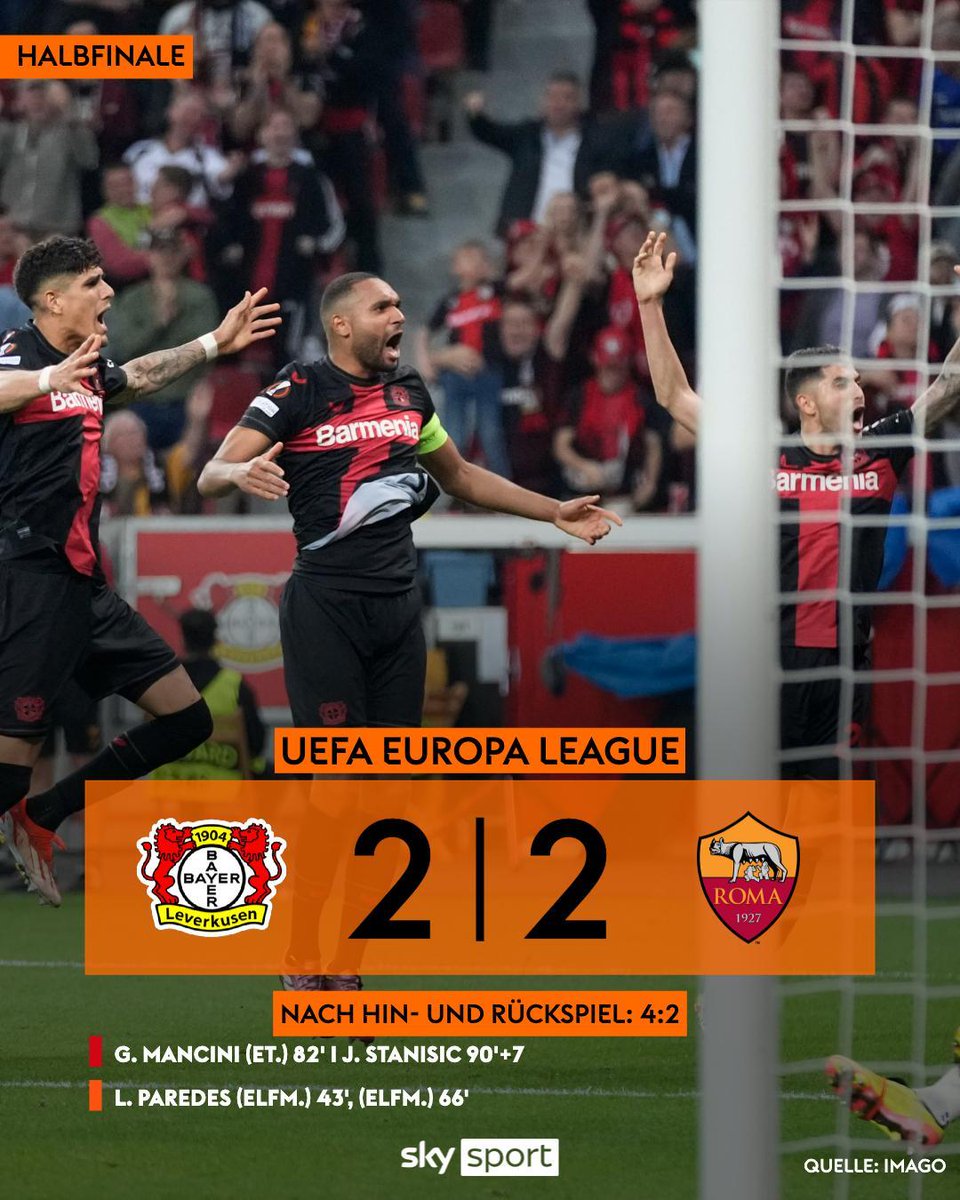 Last-Minute-Leverkusen schlägt zu! 💥 Die Serie und der Traum vom Triple lebt! 🔥 Bayer steht im Finale der Europa League und trifft auf Bergamo. 🦾 
#SkyEL #EuropaLeague #LEVROM