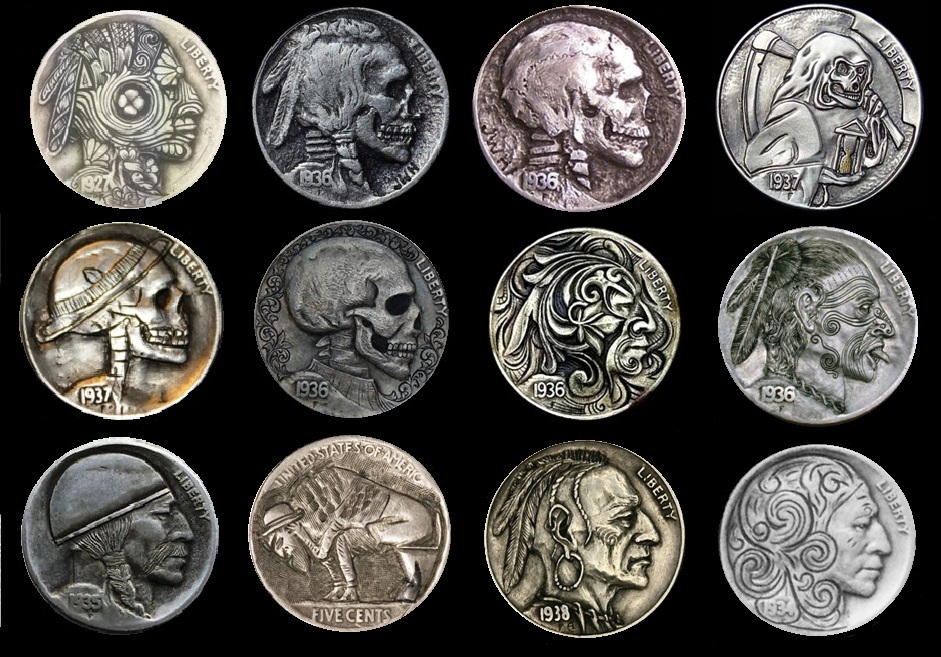 Stumbled upon a Wikipedia page today about Hobo Nickels. People who rode freight cars and lived on the go, had an art form where they would re-carve Buffalo nickels (1913 to 1938).