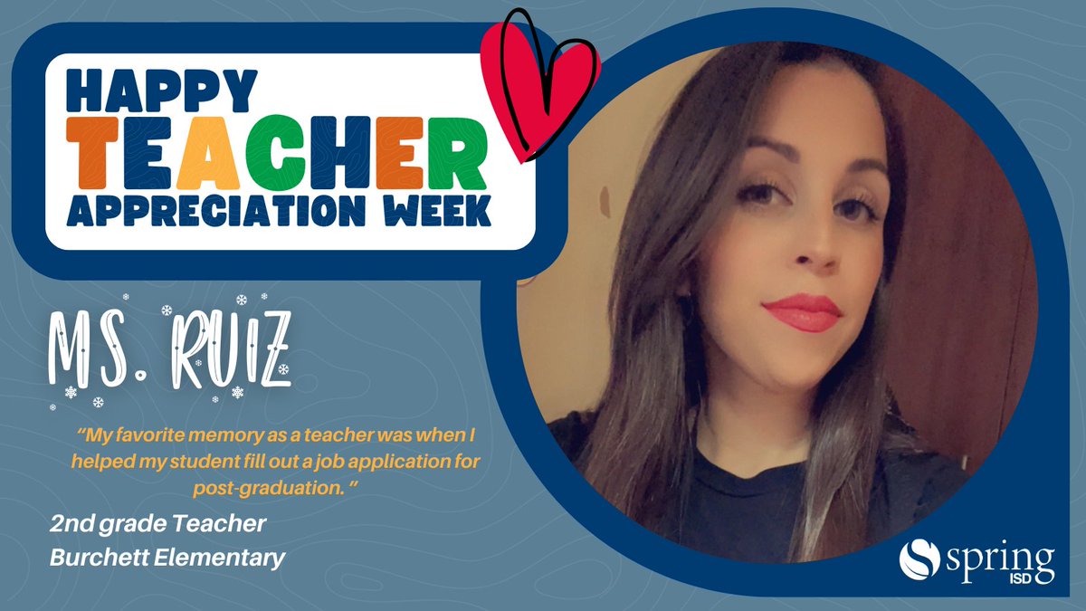 Spring ISD (@springisd) on Twitter photo "I believe in the power of education! What I truly enjoy is making learning fun, meaningful, and memorable. I cherish every moment when a student says, "I get it now!" Their success fills my heart with joy, making teaching the ultimate reward." - Ms. Ruiz, <a href="/Burchett_ES/">Burchett Elementary</a> "I believe in the power of education! What I truly enjoy is making learning fun, meaningful, and memorable. I cherish every moment when a student says, "I get it now!" Their success fills my heart with joy, making teaching the ultimate reward." - Ms. Ruiz, <a href="/Burchett_ES/">Burchett Elementary</a>
