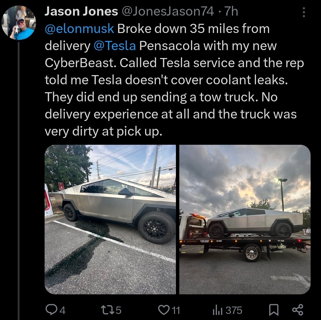 Tesla doesn't cover coolant leaks under warranty for their $120k Cyberbeast now?  😬

And they delivered it looking like shit.

I'm beginning to think Musk is intentionally punking Cybertruck owners now.