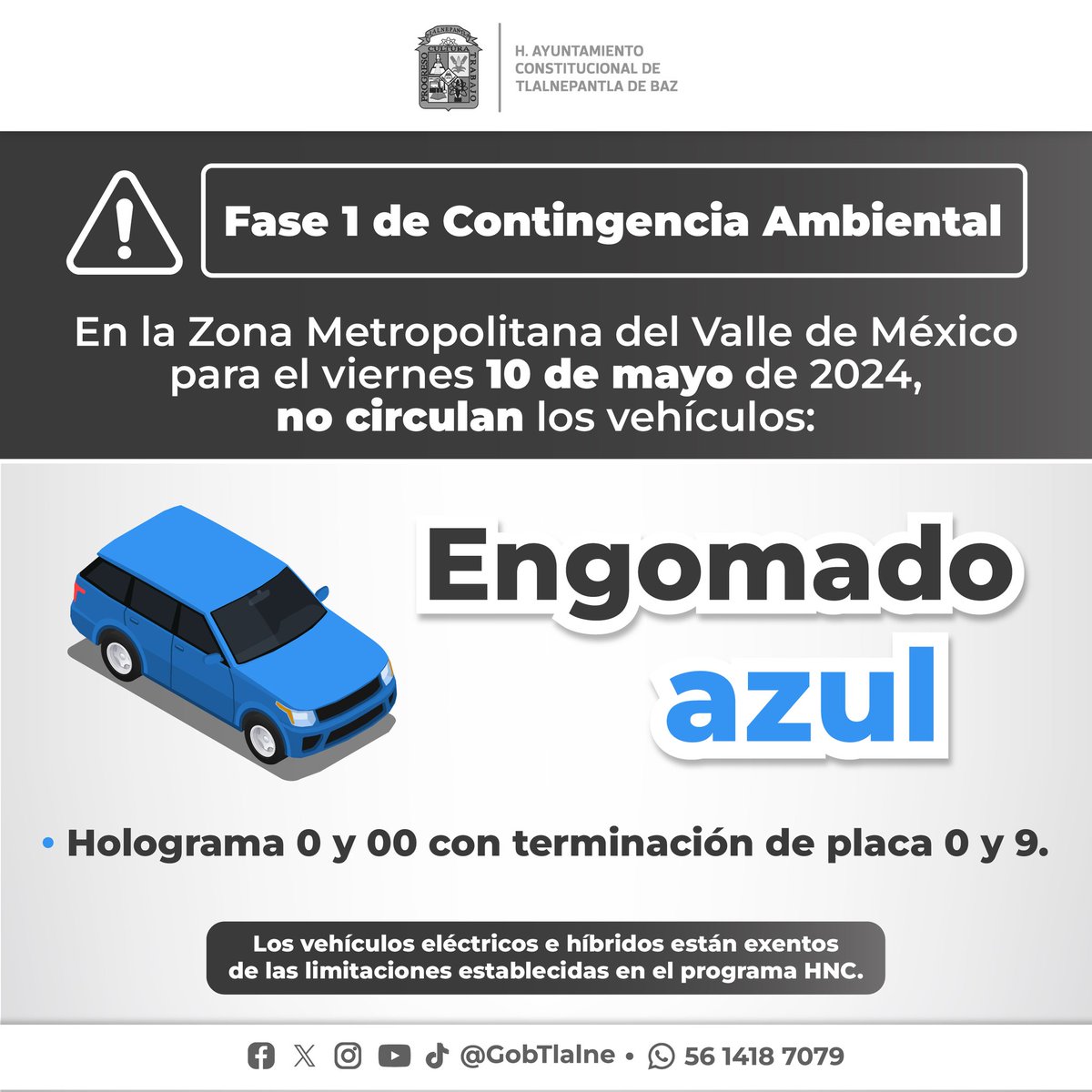 #IMPORTANTE Por altos indices de ozono en la #ZMVM, se activa programa #HoyNoCircula para vehículos con engomado azul🔵 hologramas 0 y 00 con terminación de placas 0 y 9. Toma tus precauciones.