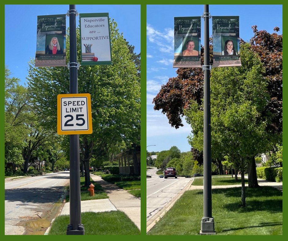 Over the weekend, new street banners were installed on Jefferson Avenue and Mill Street just in time for Teacher Appreciation Week, honoring the staff of @Naperville203, including those from North and Central high schools. (1 of 3)