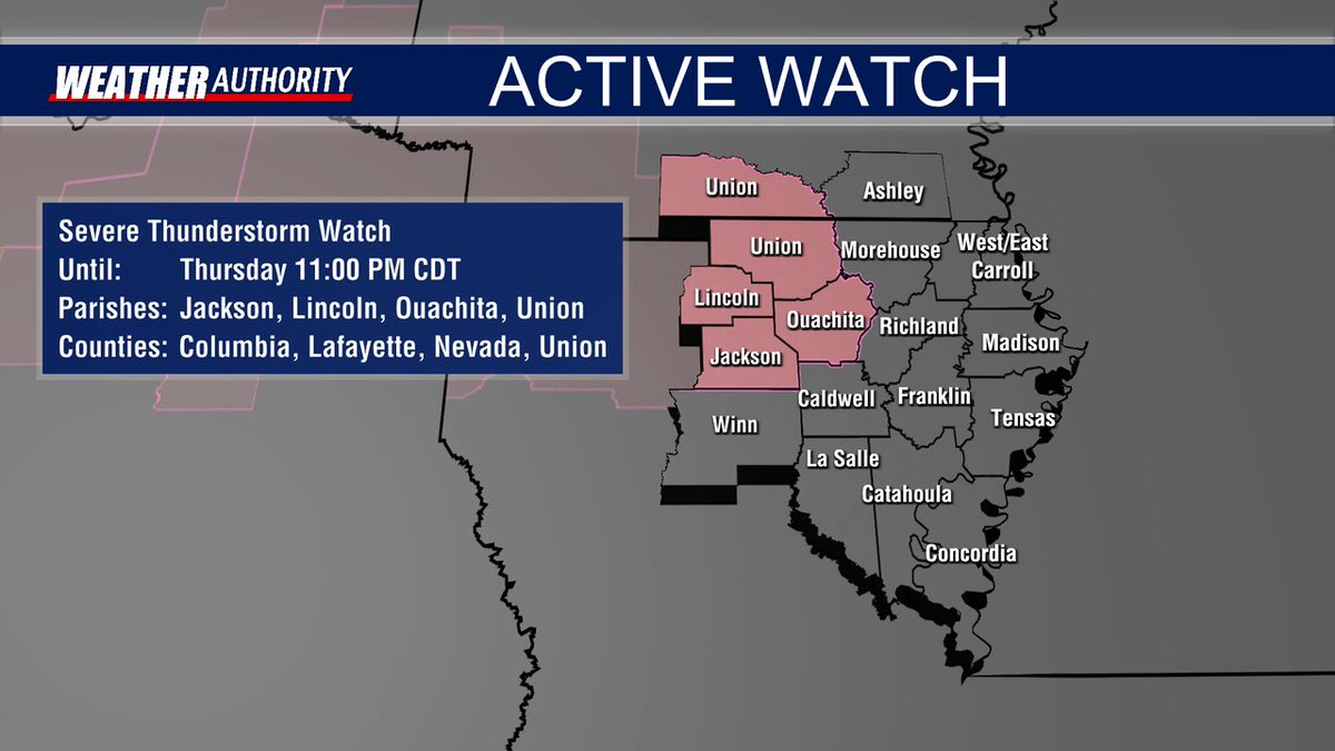 FIRST ALERT: A Severe Thunderstorm Watch has been issued for the counties/parishes shaded in pink until 11:00PM 5/9/2024. Check social media and the KNOE Weather app for updates throughout the evening. #lawx #arwx #mswx